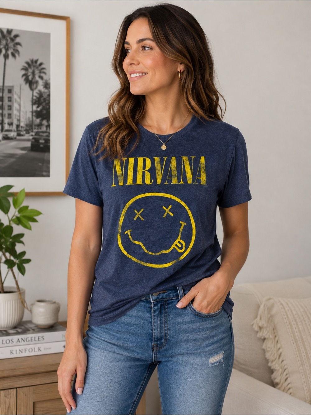 NIRVANA Navy Short-Sleeve Tee with Yellow Smiley Logo Large